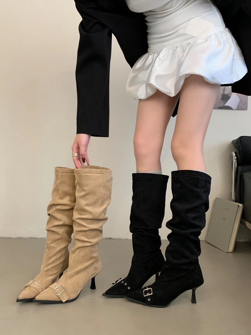 2025年秋季新款法式尖头细跟高筒靴女外穿百搭时尚长靴女鞋堆堆靴