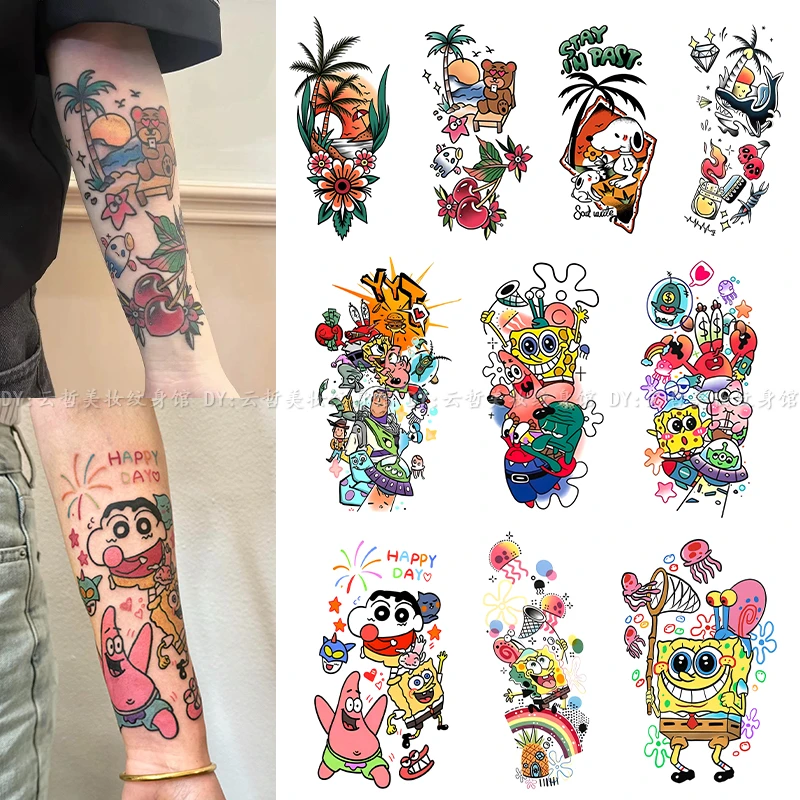 爆款oldschool可爱花臂彩色纹身贴动漫卡通防水持久甜酷小臂贴纸