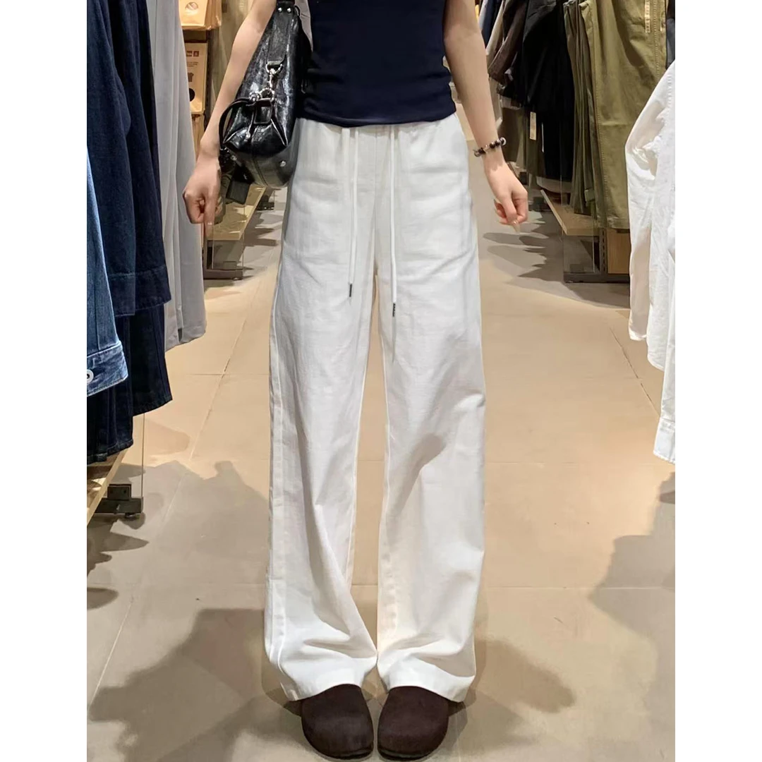 新款水洗棉牛仔显瘦阔腿裤夏季垂感高腰休闲裤宽松直筒亚麻运动裤