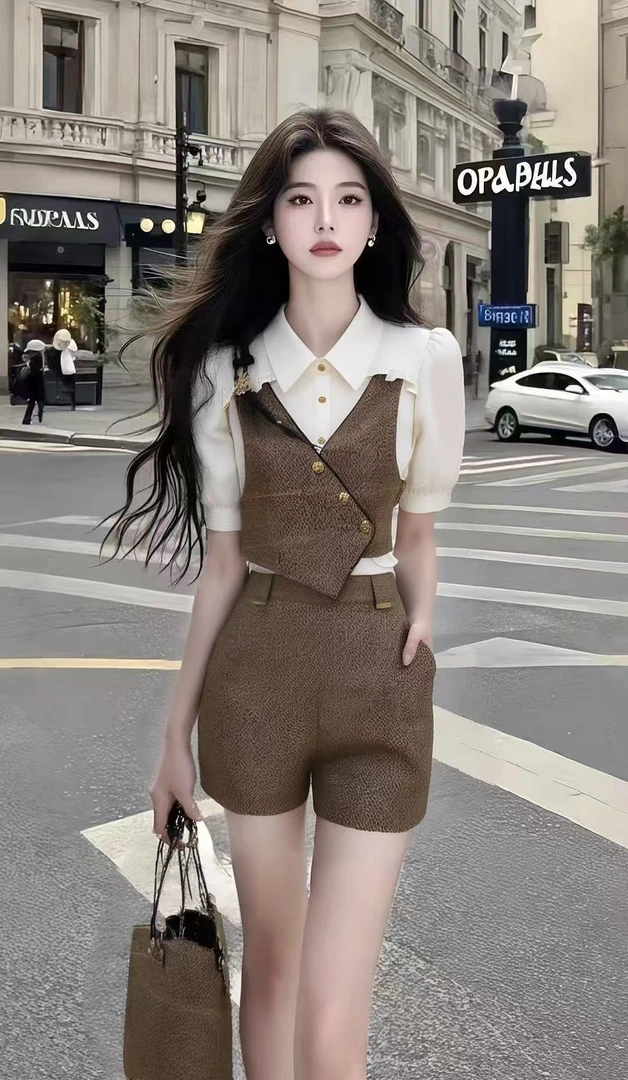小众时尚极简风杏色短袖衬衫上衣+棕色百搭马甲+棕色百搭短裤套装