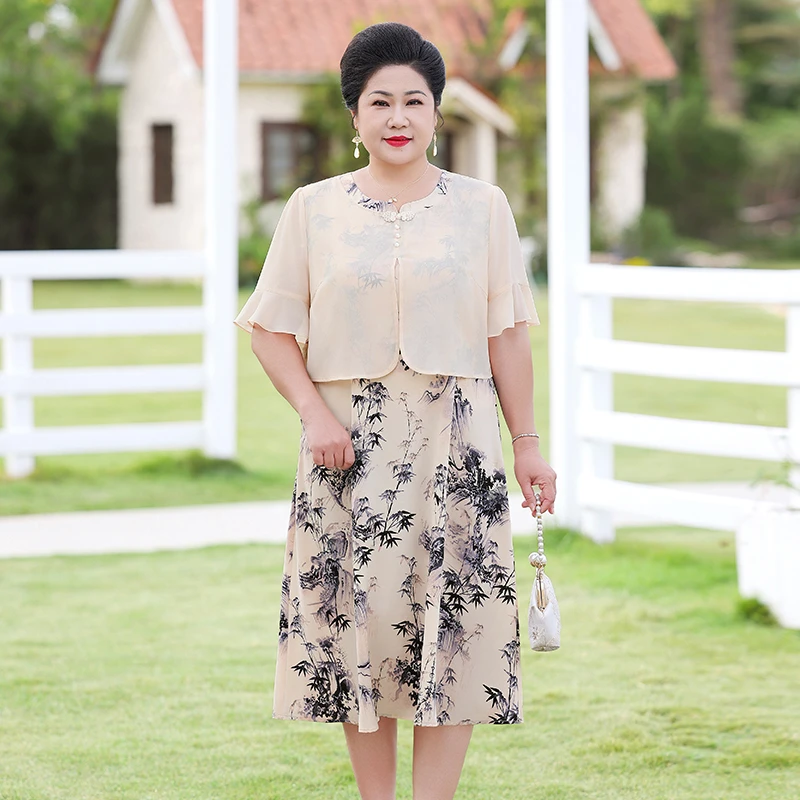 夏装短袖雪纺裙子新款妈妈装加肥大码连衣裙洋气时尚阔太太气质装