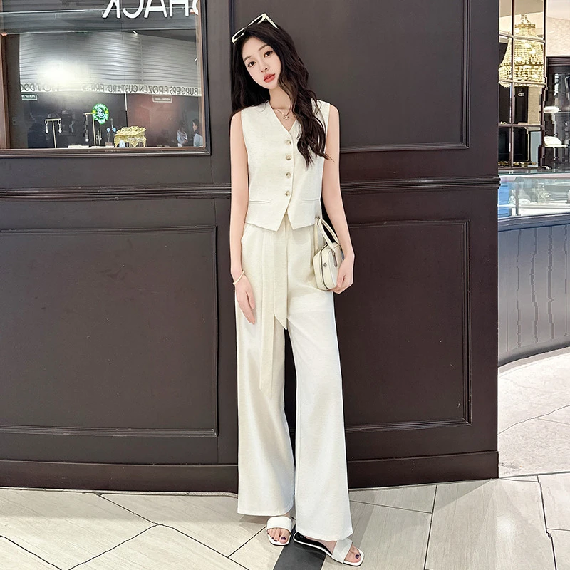 夏日穿搭杏色小香风休闲马甲阔腿裤套装女夏高级感减龄洋气两件套