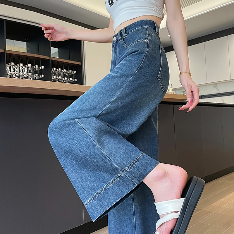 蜜蜜穿搭复古天丝八分阔腿牛仔裤女士2025夏季遮肉冰丝奶奶裤子