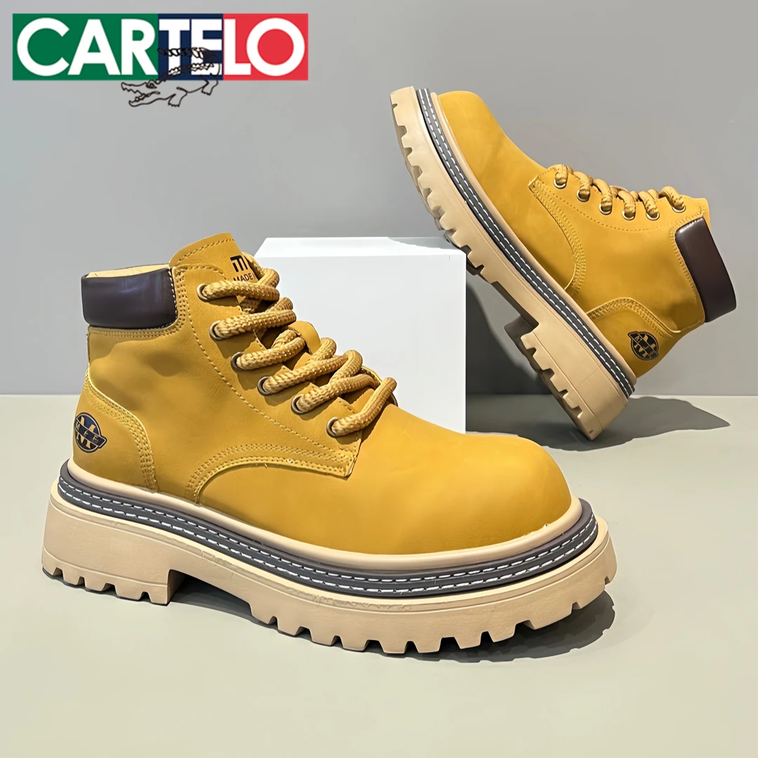 卡帝乐鳄鱼马丁靴男款皮面大黄靴厚底舒适户外工装鞋防滑登山鞋子
