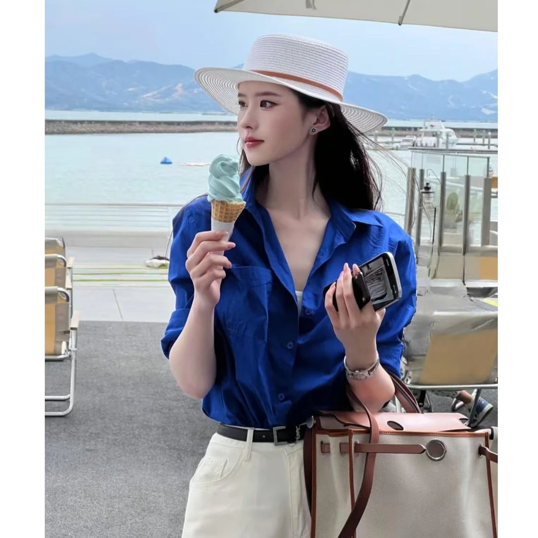 高级感克莱因蓝色衬衫女春秋轻奢风POLO领衬衣法式气质内搭上衣