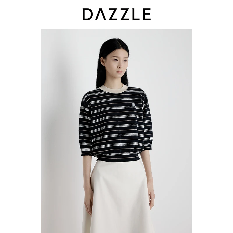 DAZZLE 地素毛衫短袖2025年夏季新款深蓝色针织夹条套衫2J2E349