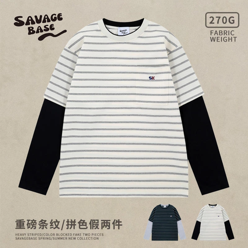 290G重磅T恤街头潮牌拼色条纹假两件男女春秋宽松休闲长袖打底衫