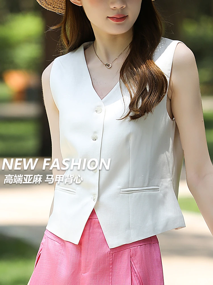 OXY 复古老钱风短款西装马甲女天丝亚麻V领显瘦背心坎肩外套马甲