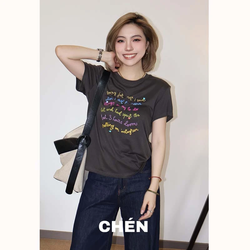 【冰粉T】晨总自制休闲通勤字母减龄圆领百搭夏季薄款冰感T恤女