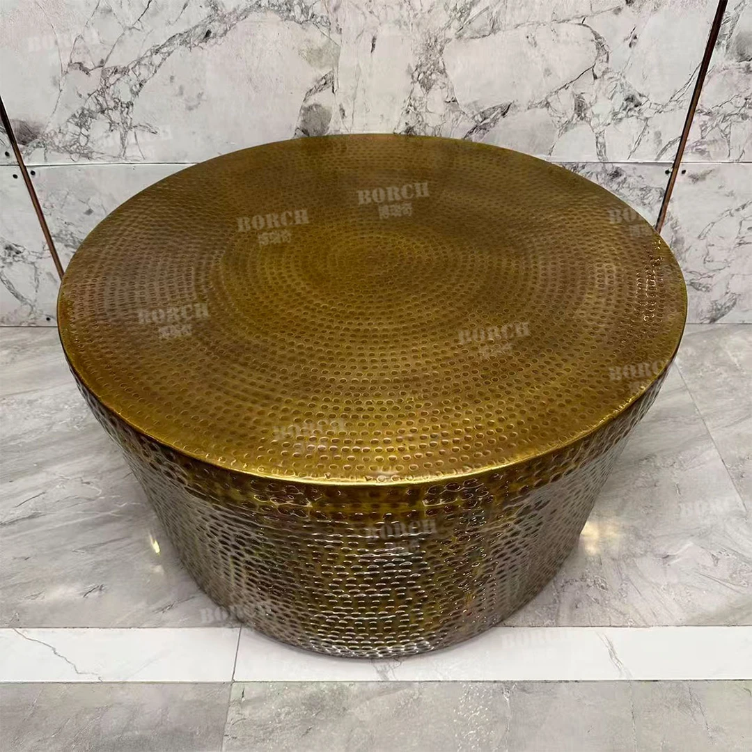 431博瑞奇复古手工锻打黄铜茶几民宿铜艺圆形咖啡桌客厅圆几10042