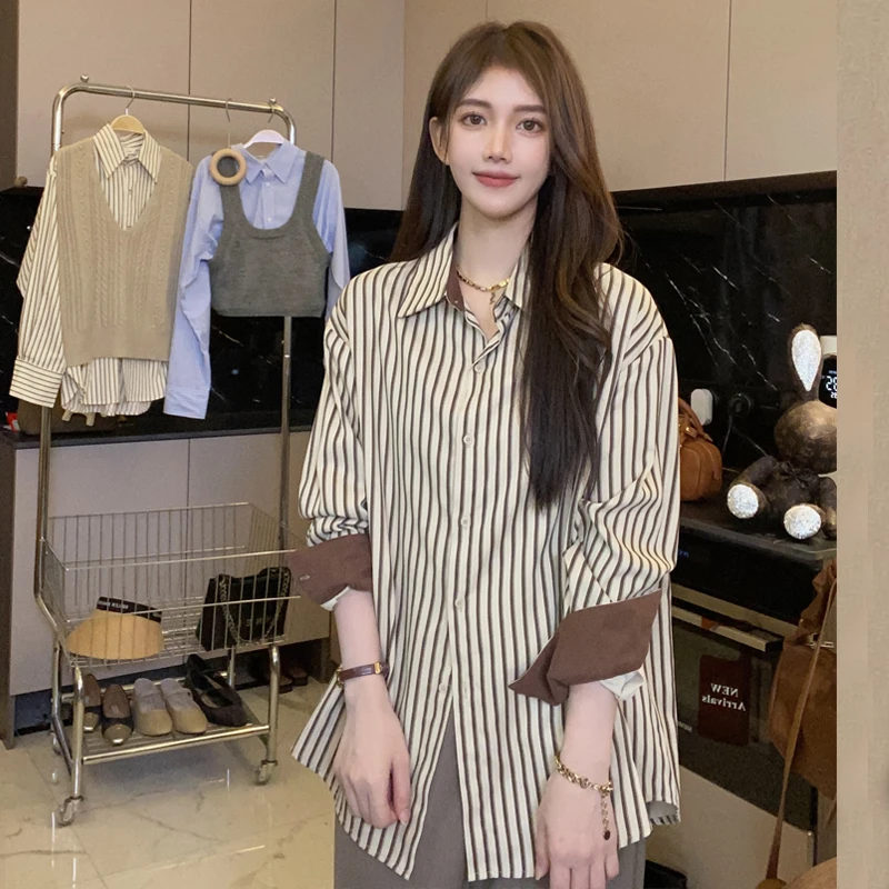 【现货】条纹衬衫女长袖2025春秋新款气质磨毛衬衣