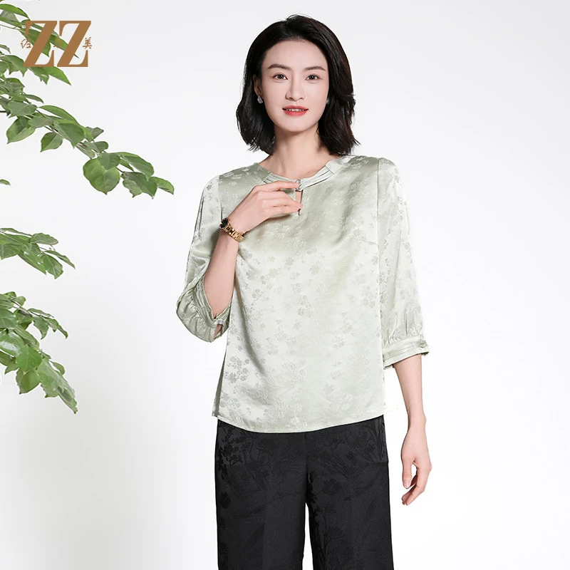 佐尔美夏季新款新中式国风时尚气质复古桑蚕丝衬衫上衣女M42CS06