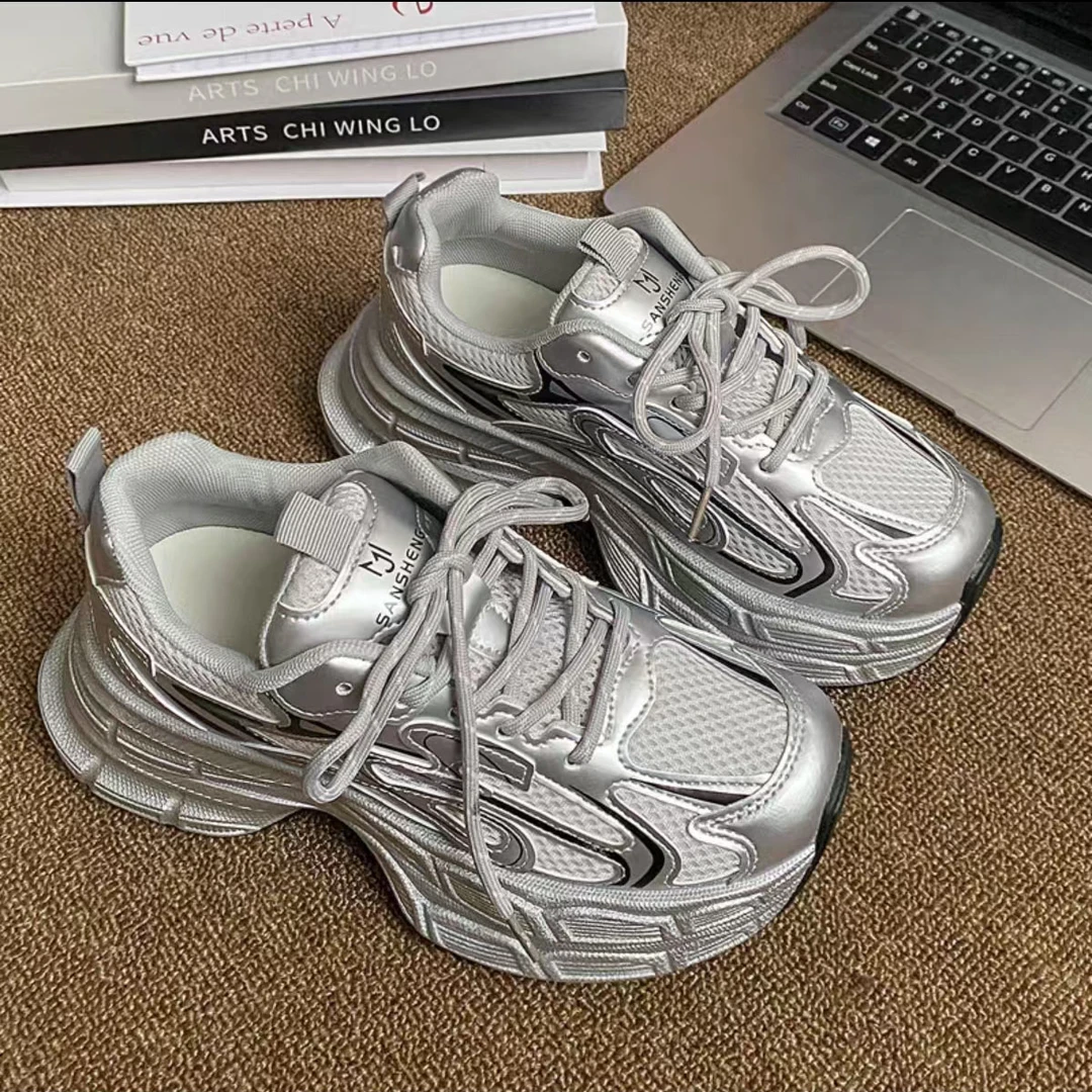 银色老爹鞋女2025新款春季鞋子增高厚底网面透气运动休闲鞋