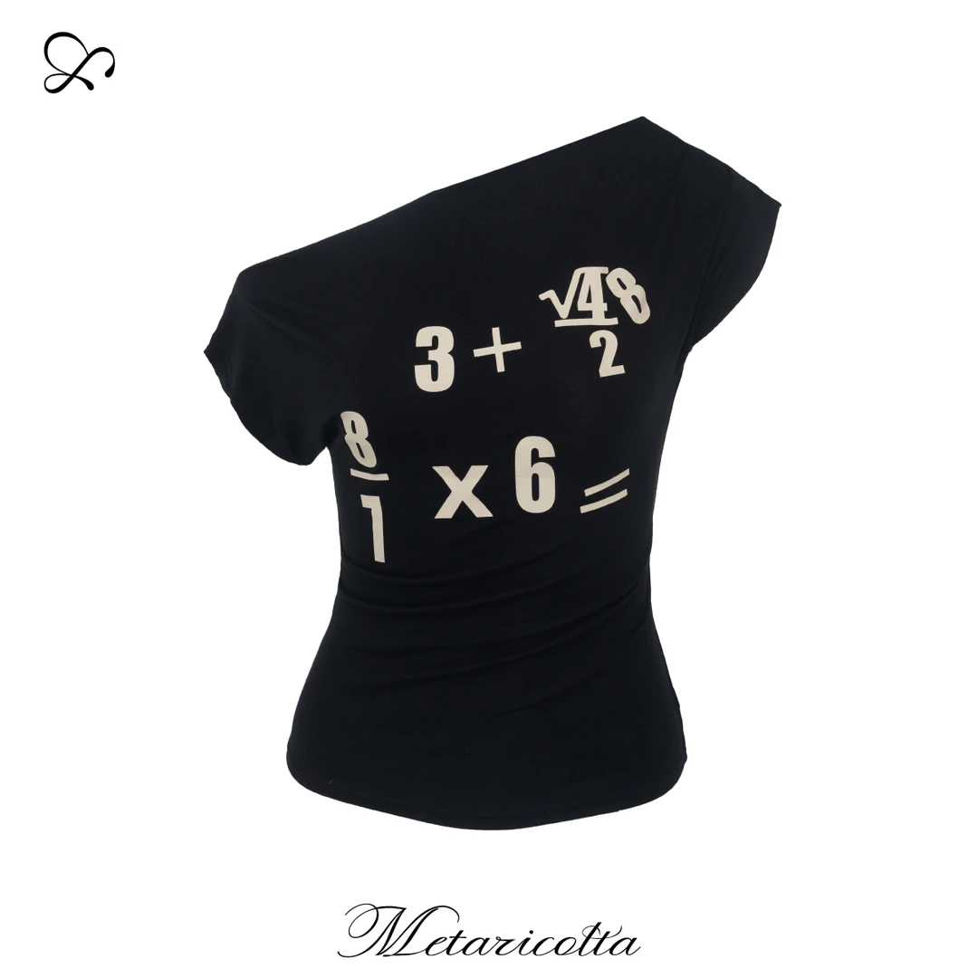 Metaricotta数字高级感印花斜肩短袖美式辣妹休闲正肩显瘦T恤