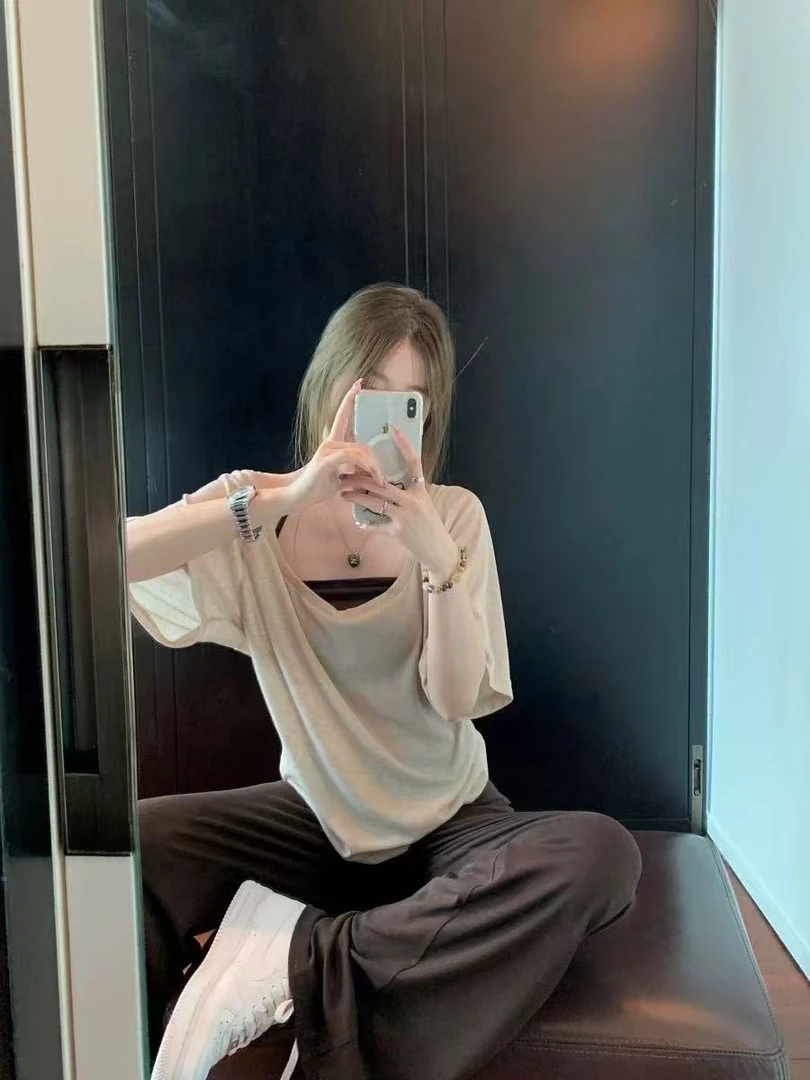 慵懒风U领短袖T恤吊带背心宽松长裤三件套夏季新款显瘦舒适套装