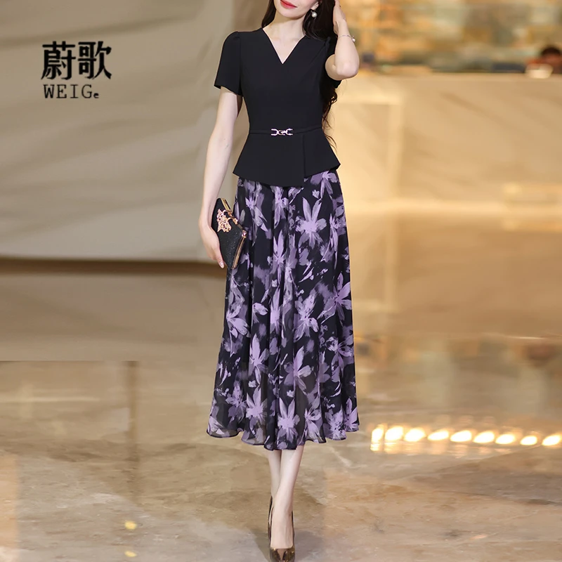黑色假两件长款碎花连衣裙2025夏季拼接轻奢时尚修身显瘦长裙1924
