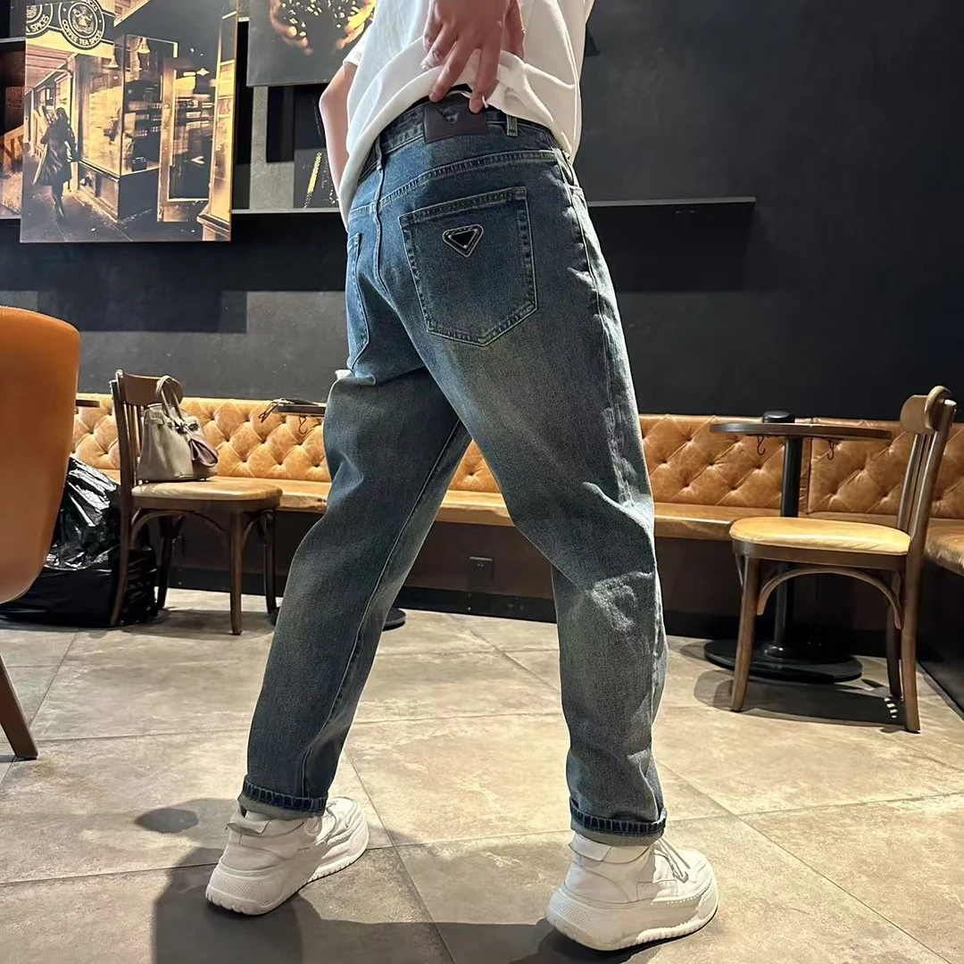拉风哥 春季新款7831铆钉蓝色三角标设计简约百搭小直筒牛仔裤男