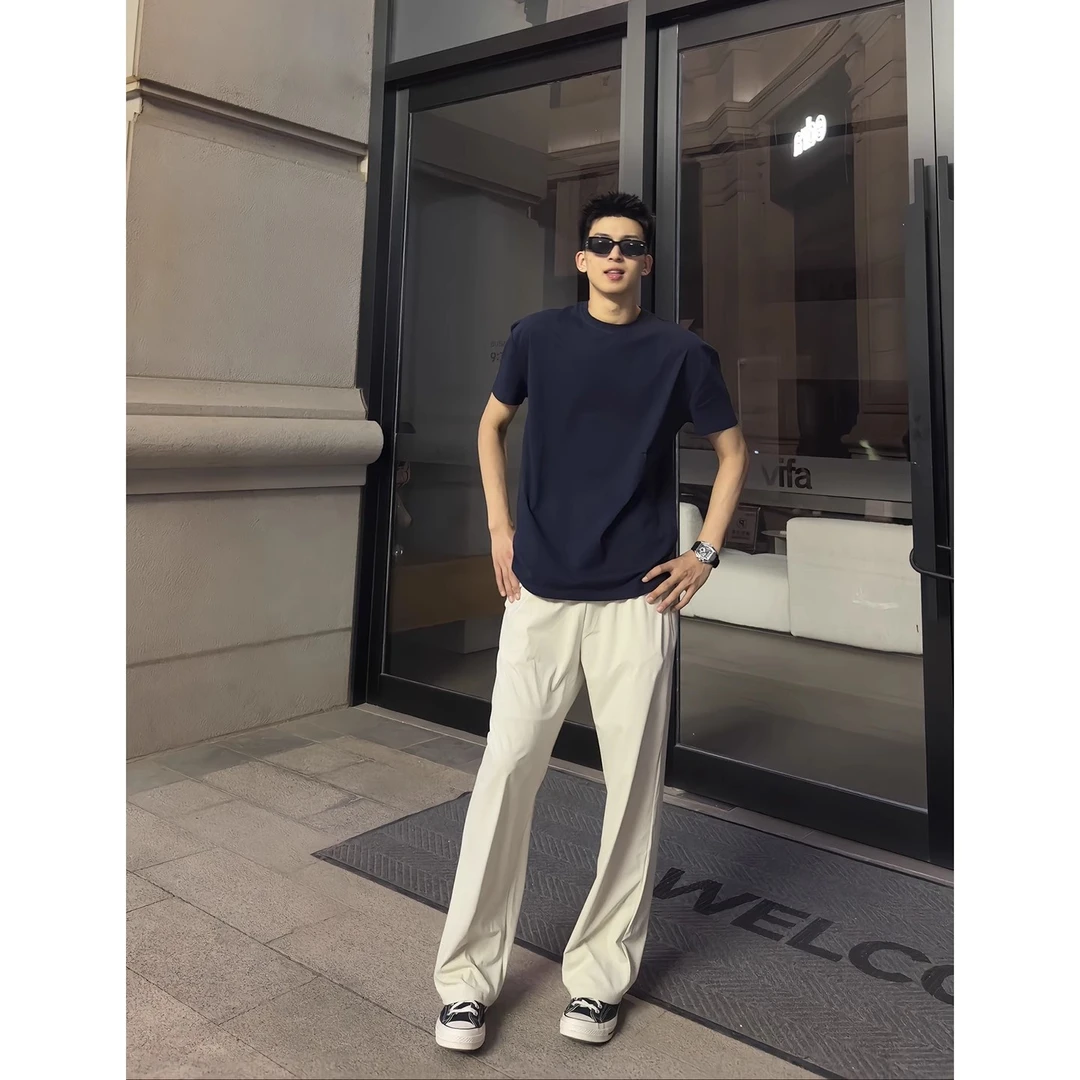 藏青色美式重磅纯棉短袖男款夏季痞帅高级感t恤纯色打底正肩半袖