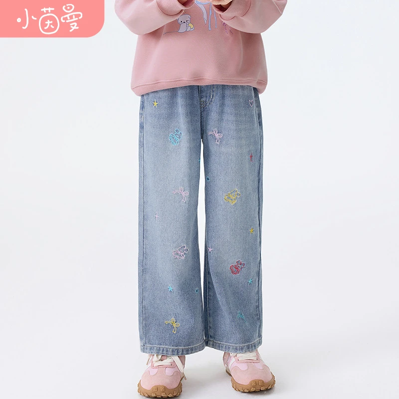 小茵曼女童牛仔裤卡通刺绣25秋中大童时尚休闲女孩长裤GF3853316