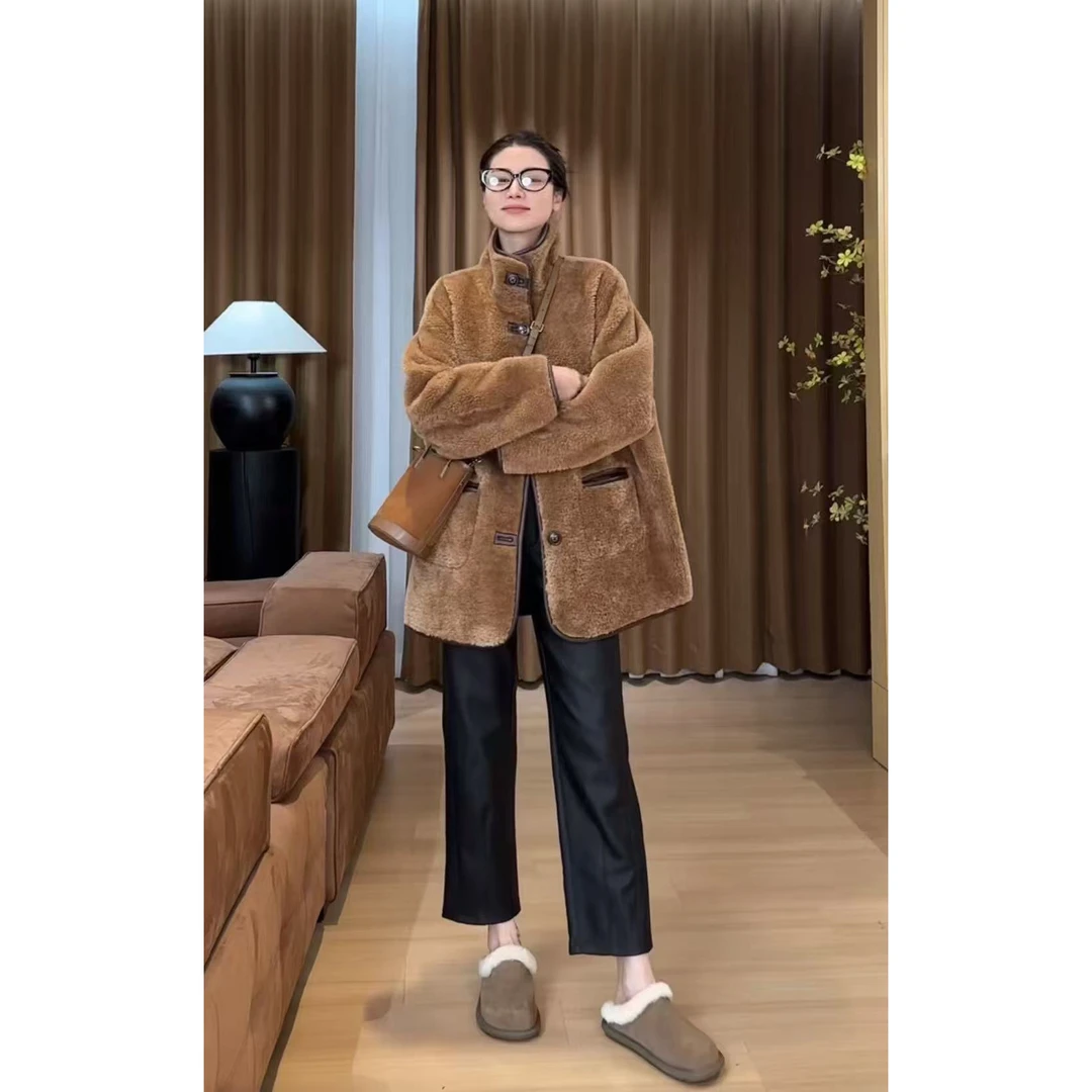 【海宁正品】直筒裤>长皮裤女春秋阔腿高腰显瘦垂感宽松大码九分裤