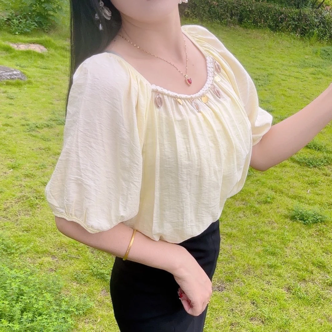夏季新款韩版气质宽松流苏泡泡短袖衬衫女