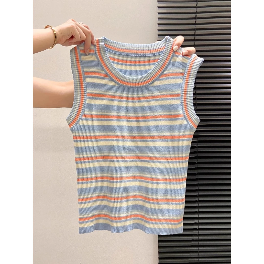 条纹撞色工字无袖针织背心女修身内搭外穿圆领辣妹圆领吊带上衣夏