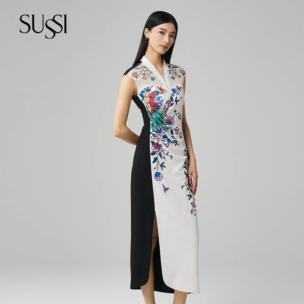 SUSSI/古色”有凤来仪“夏季新中式V领收腰开衩印花气质连衣裙