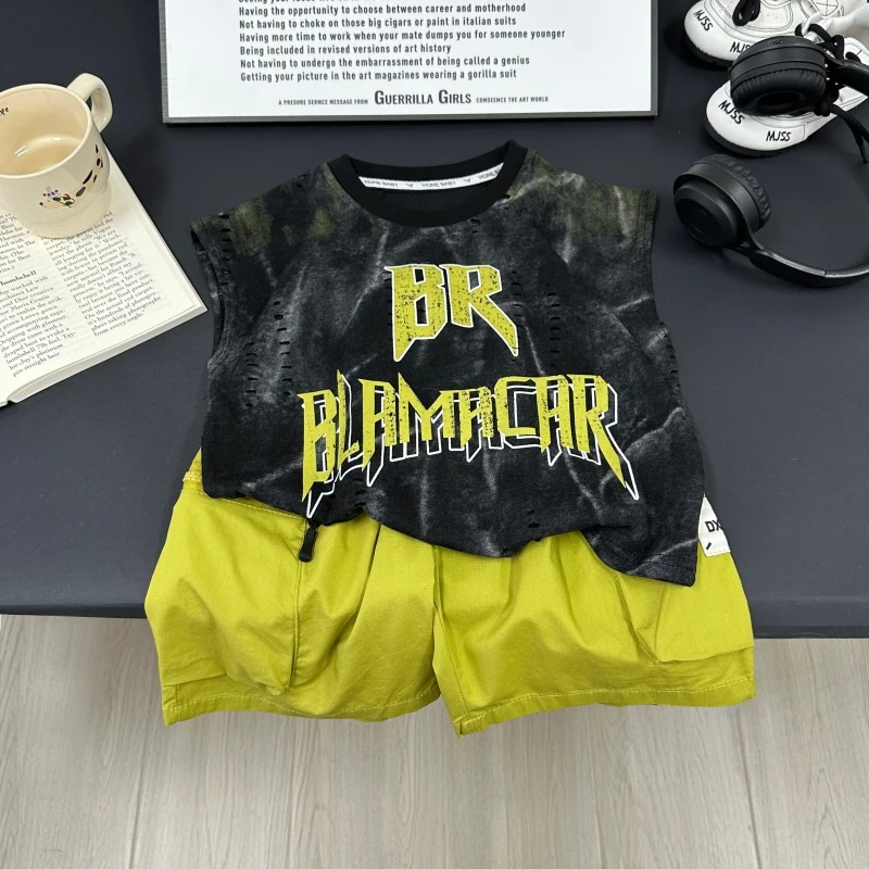 棉的【两件套】儿童背心套装夏季新款男童套装韩版字母口袋AT939