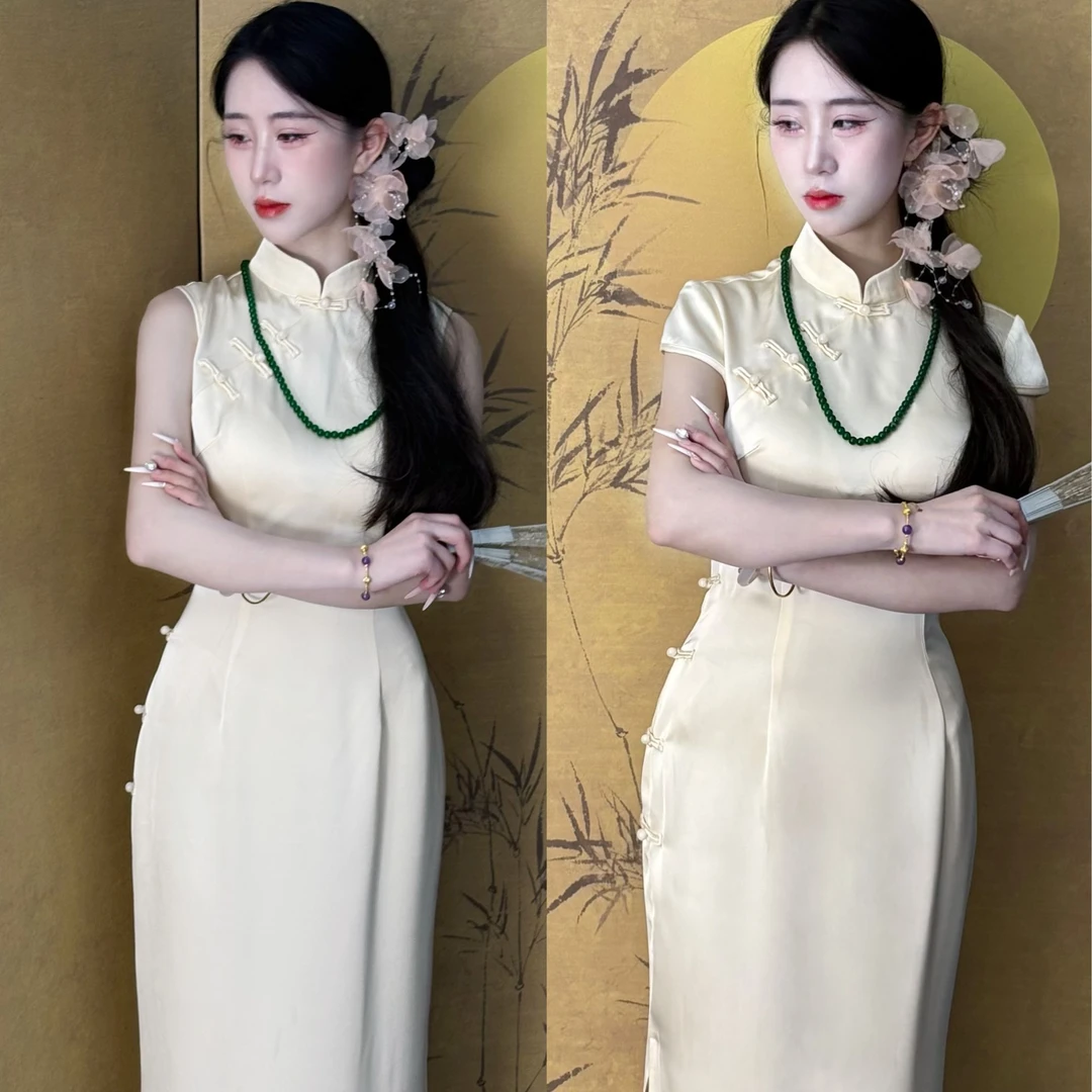 LHMknk1画报夫人原创自制改良手工盘扣国风新中式旗袍 司藤奶白