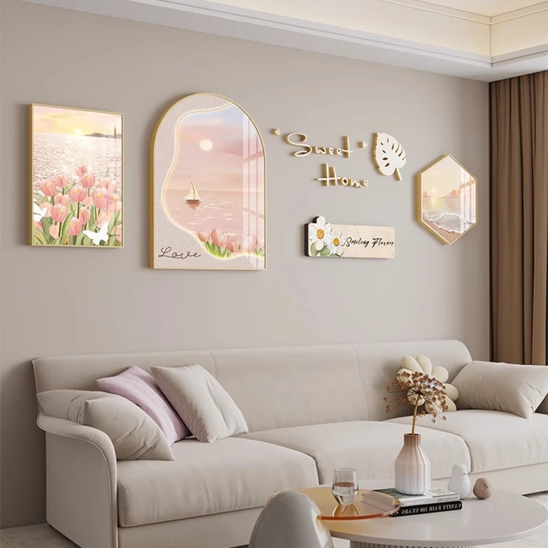 现代简约客厅装饰画奶油风沙发背景墙钟表挂画小清新餐厅组合壁画
