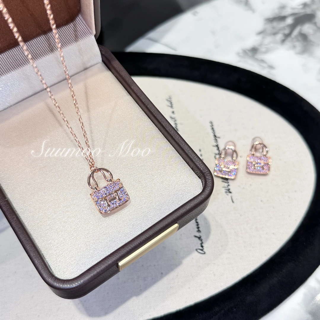 铜合金合成锆石项链 法式时尚经典紫钻包包项链