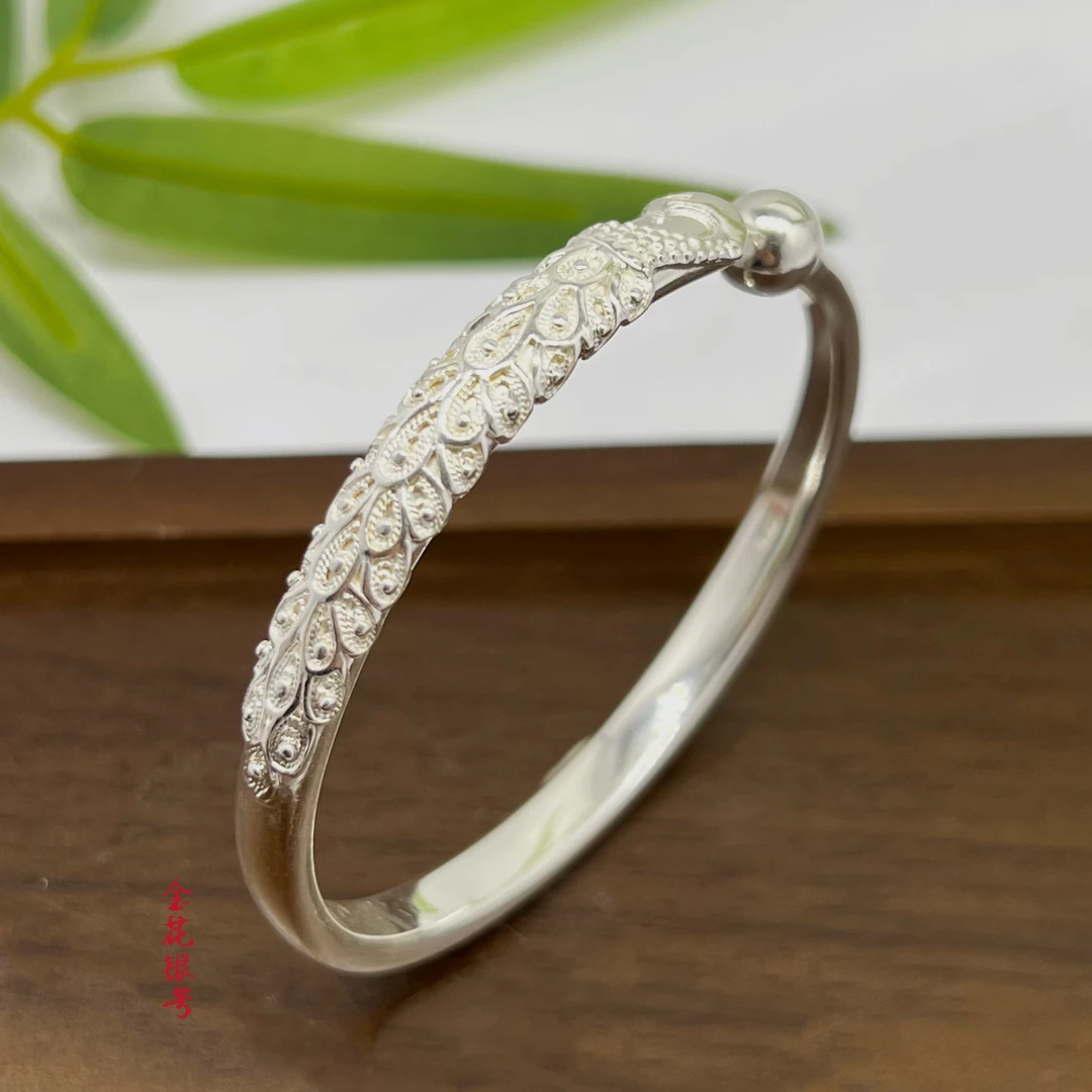 足银手镯 凤凰拉丝球必应手镯【金花银号】手工实心精美素款银制品