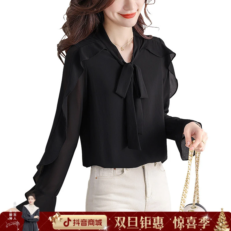 丝柏舍2025秋季欧若风女法式蝴蝶结系带荷叶边纯色衬衫S31R0444C