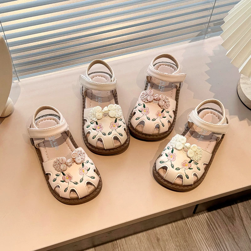 21-34女童夏季包头女凉鞋国风小盘扣女宝公主鞋防滑宝宝鞋8803