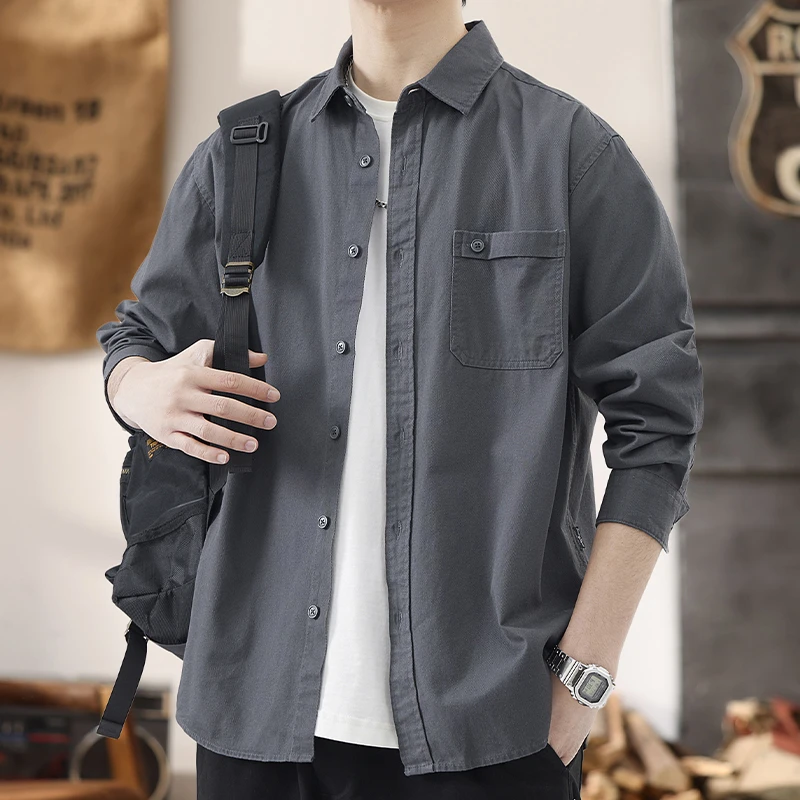 春秋季商务衬衫男士宽松百搭简约新款上衣男装衬衣休闲外套男衣服
