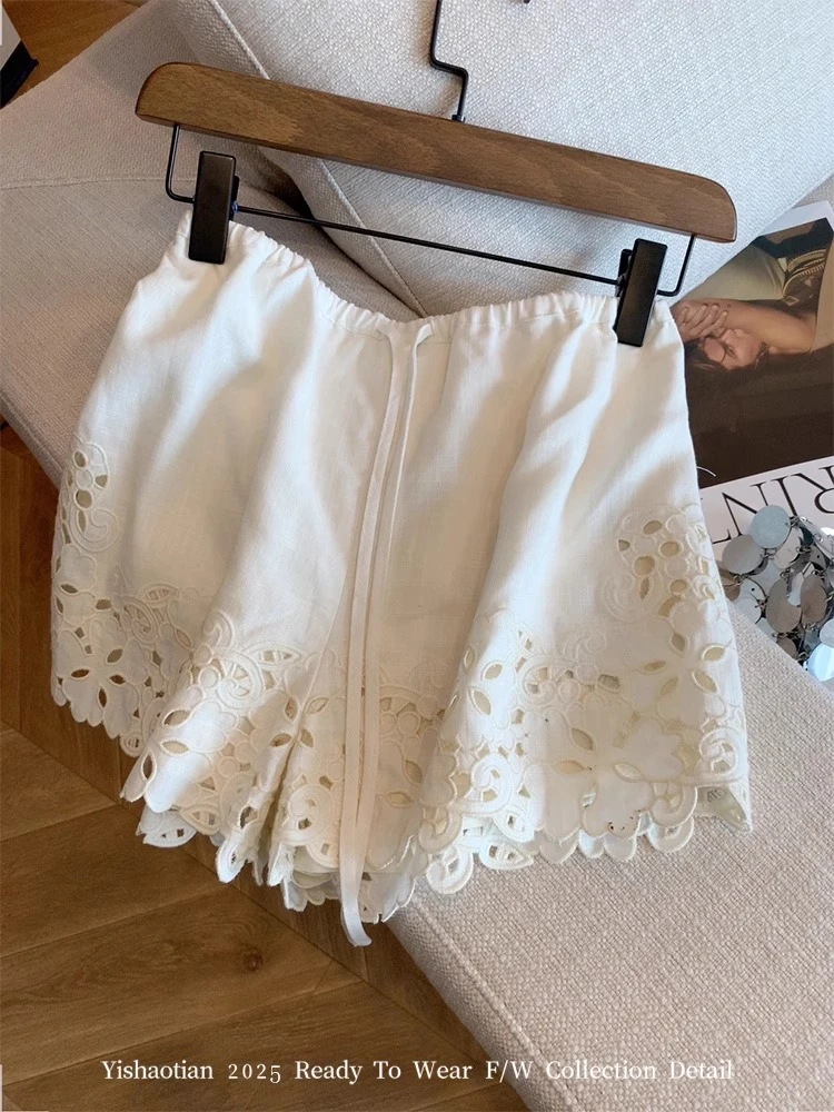 白色镂空刺绣抽绳亚麻短裤女2025夏季新款松弛感简约舒适百搭裤子