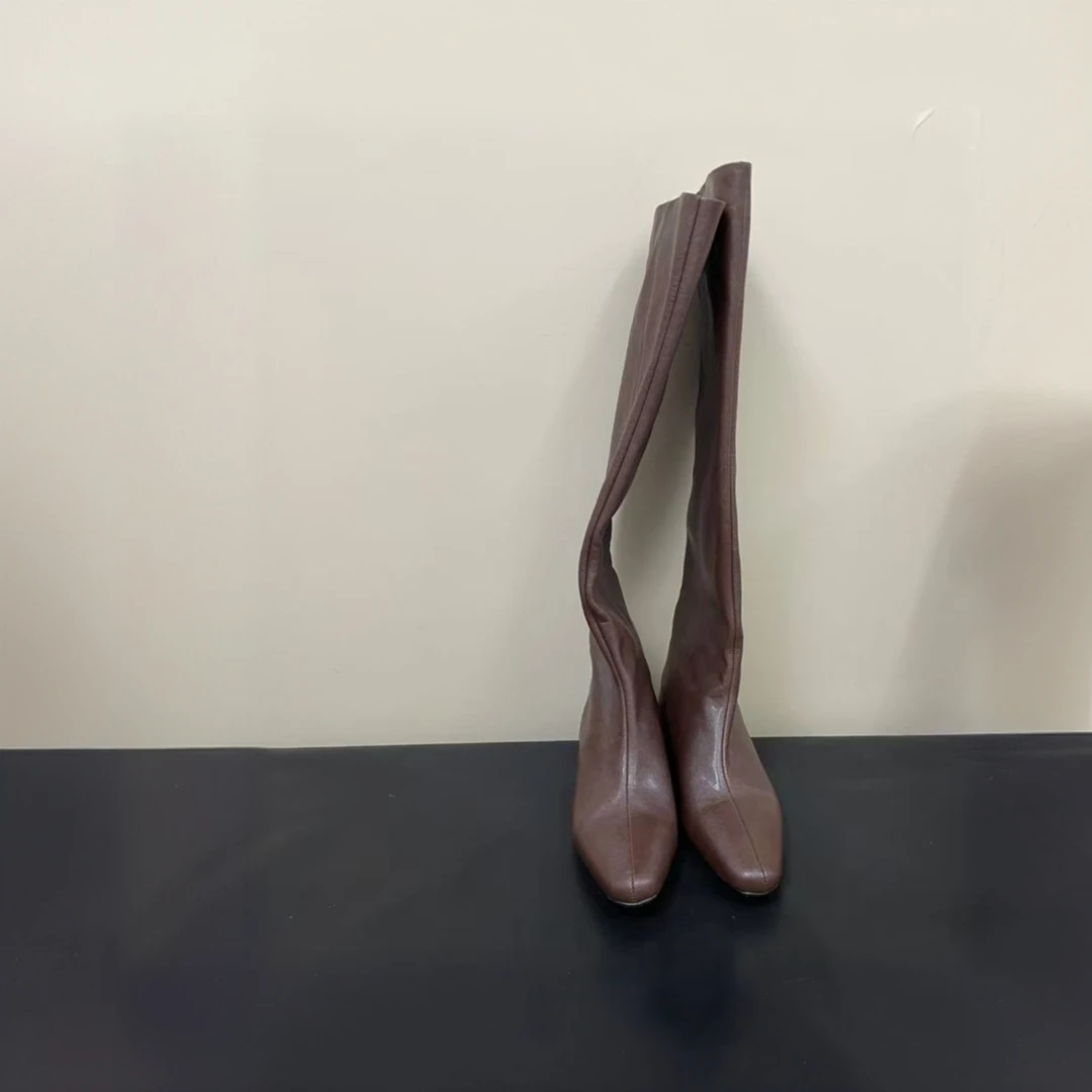 34-40码小牛皮一脚蹬长筒靴极简风百搭高筒时尚复古