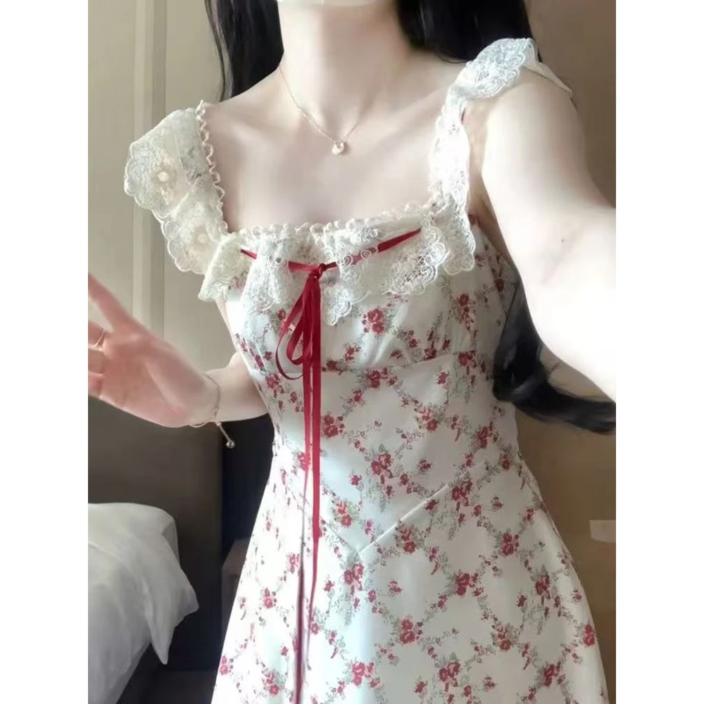 气质裙子甜色红色蕾丝花边结碎花背带连衣裙女学生夏日a字裙显瘦
