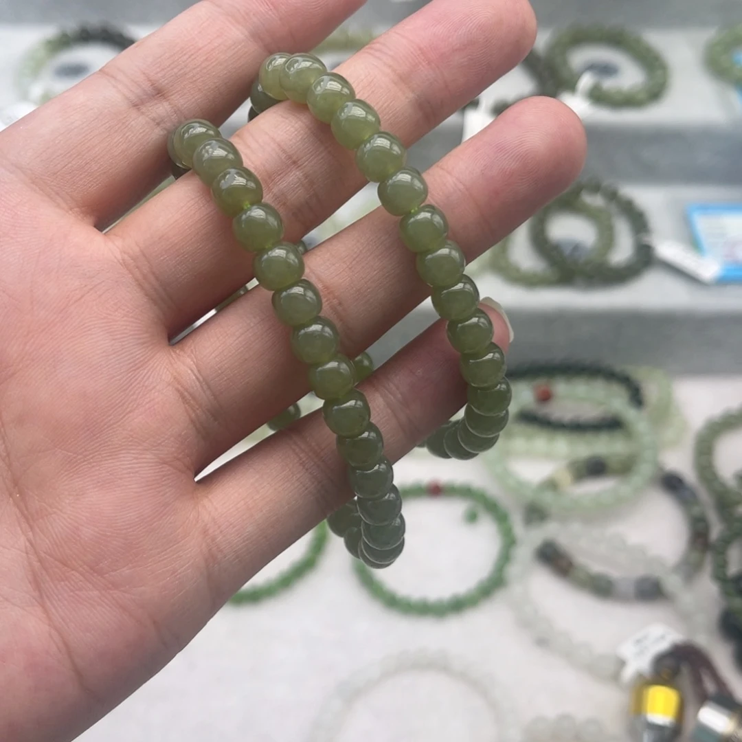 和田玉未镶嵌手链卡7湖水绿老型珠