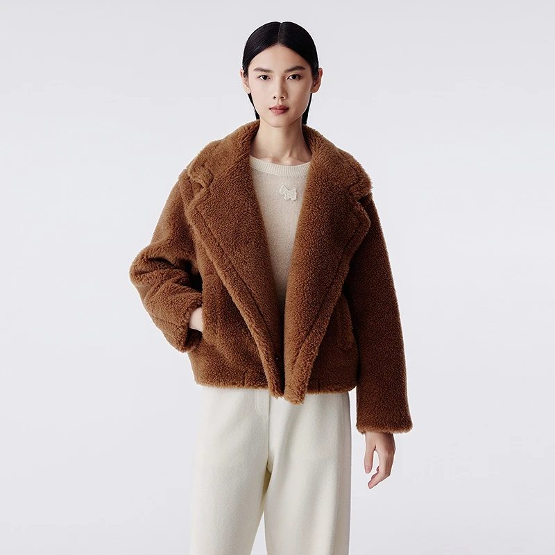朗姿冬季新款复古棕色翻领加厚上衣经典休闲长袖气质仿皮皮草外套