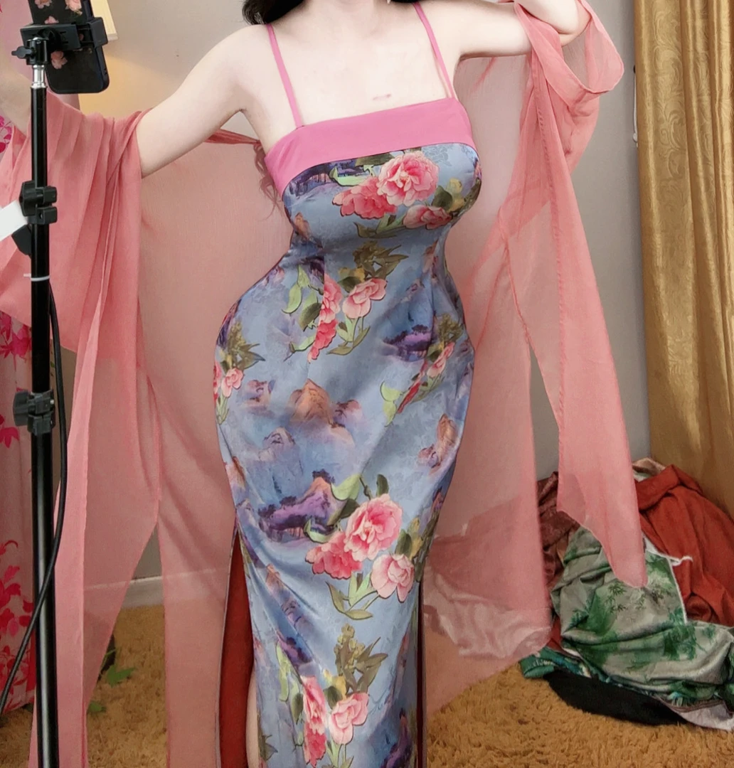 唯艳家【半抚花面】高级奢华感国风显瘦高腰包臀吊带连衣裙旗袍
