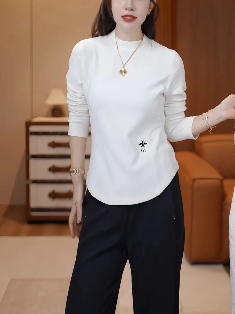 德绒保暖半高领长袖t恤女印花冬新款打底衫鱼骨弧形下摆宽松上衣