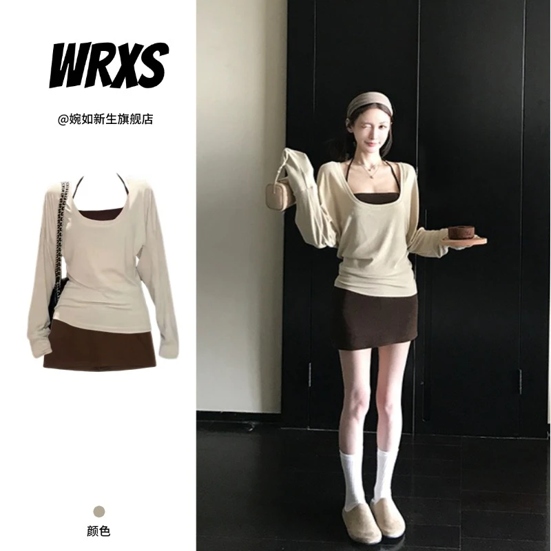 【婉如新生】纯欲套装长袖T恤内搭吊带背心女春秋包臀半身裙三件套