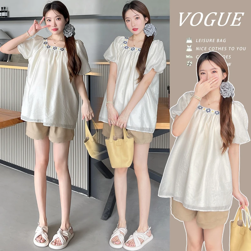 【小雯】2025夏季新款法式方领灯笼袖立体花朵宽松孕妇裤夏季薄款