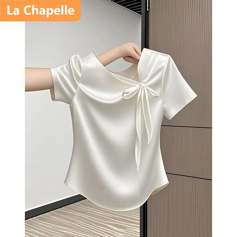 拉夏贝尔夏季新款短袖上衣女2025设计感蝴蝶结收腰显瘦休闲T恤女