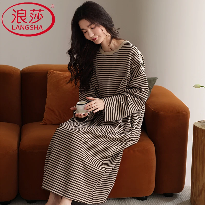 浪莎带胸垫睡裙女长袖春秋纯棉条纹长款2025新款秋冬睡衣家居服