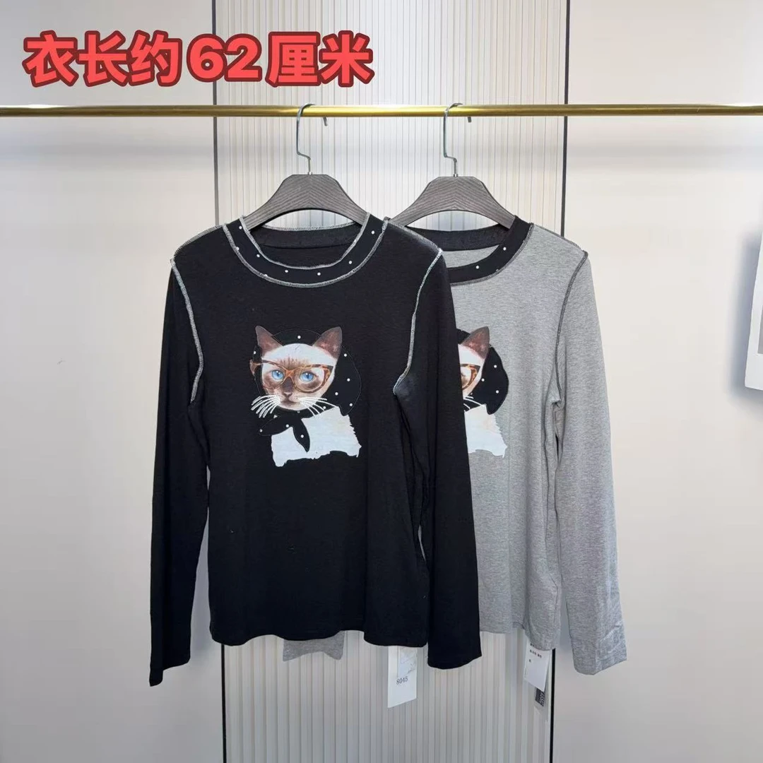 8045眼镜猫咪明线洋气长袖T恤