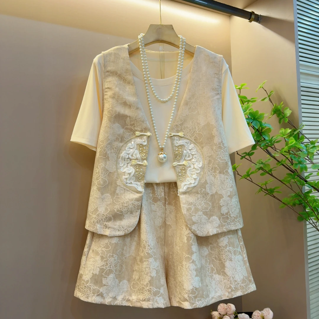 2025夏季新品印花新款新中式复古时尚宽松马甲三件套装