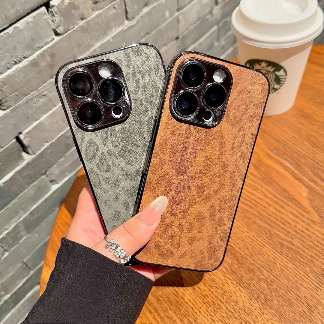 高品质豹纹皮质电镀壳苹果16promax手机壳新款高级感适用iphone15