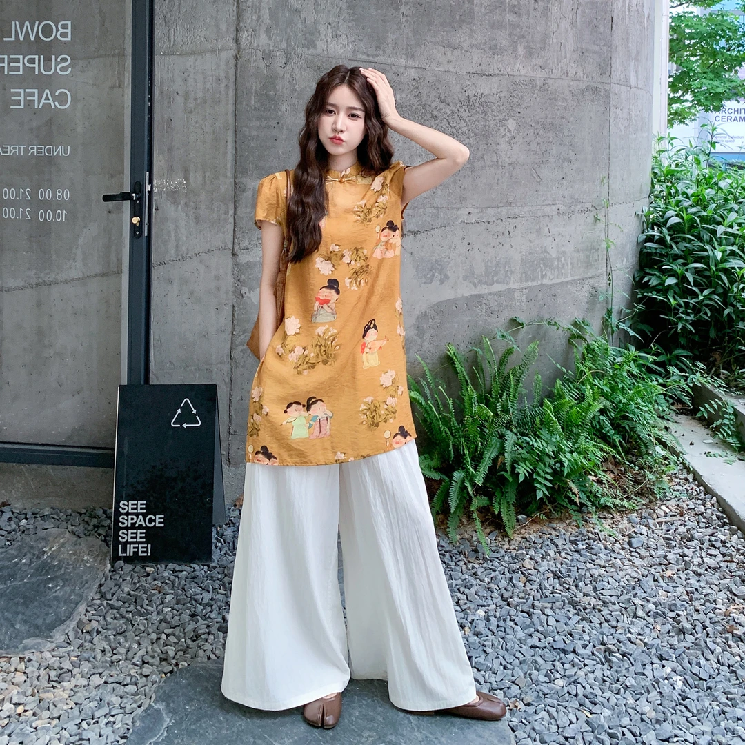 新中式国风高级感时尚套装女2025夏改良旗袍印花上衣阔腿裤两件套